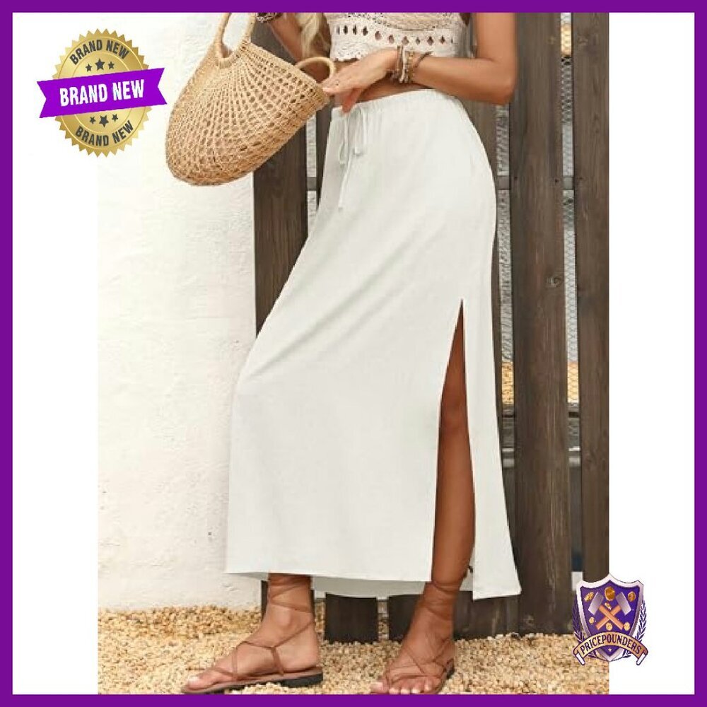 Linen Maxi Skirt with Pockets, Elastic Waist, Side Slit, Flowy - Picture 3 of 8